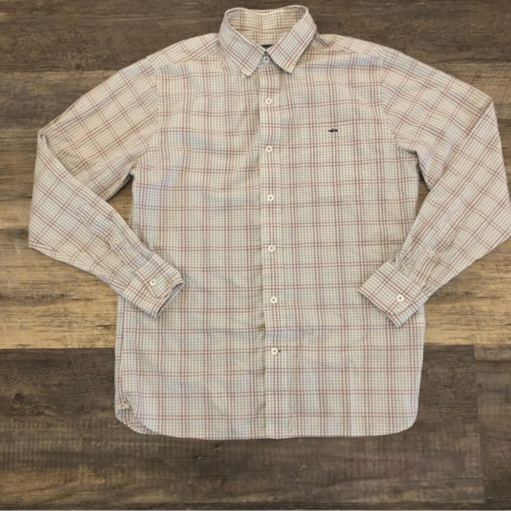 Fish Hippie Mens Medium tailored fit, white, tan red stripe.  EUC Easter